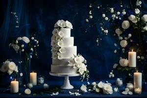 AI generated a white wedding cake with flowers and candles photo