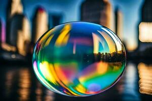 AI generated a colorful bubble with a city skyline in the background photo