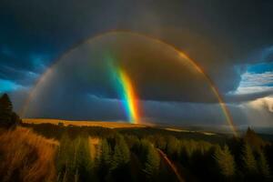 ai generado un arco iris es visto terminado un bosque y un oscuro cielo foto