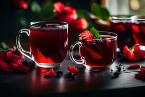 AI generated two glasses of tea with red flowers photo