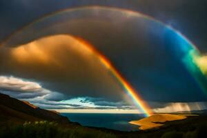 ai generado un arco iris es visto terminado el Oceano y montañas foto