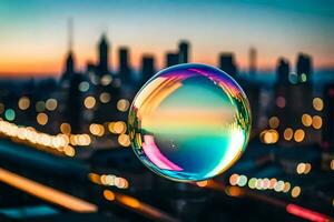 ai generado un vistoso burbuja flotante en frente de un ciudad horizonte foto