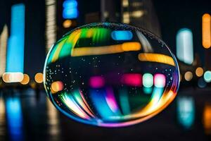 AI generated a colorful bubble with a city skyline in the background photo