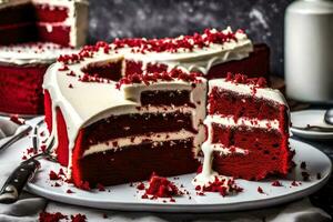 AI generated a piece of red velvet cake with a slice taken out photo