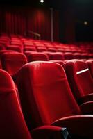 ai generado vacío película teatro asientos con un blanco pantalla en el fondo, foto