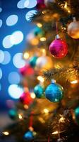 ai generado Navidad árbol con vistoso luces y adornos foto