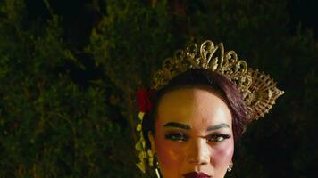 the face of a Balinese dancer with make-up and gold jewelry and a red costume while on stage video