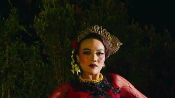 the face of a Balinese dancer with make-up and gold jewelry and a red costume while on stage video