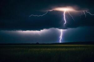 AI generated lightning strikes over a field in the dark photo