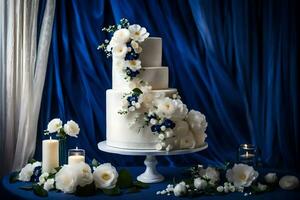 ai generado un Boda pastel con azul y blanco flores foto