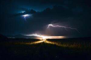 AI generated lightning strikes over a road in the middle of a field photo