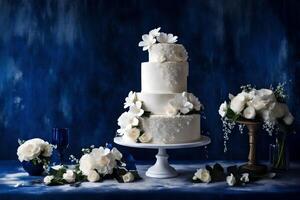 ai generado un blanco Boda pastel con azul flores en parte superior foto