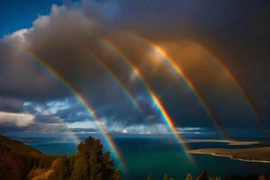 ai generado arcoiris terminado lago tekapo, nuevo Zelanda foto