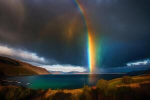 ai generado un arco iris aparece terminado un lago y montañas foto