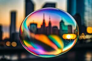 AI generated a soap bubble with a city skyline in the background photo