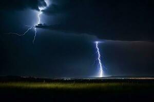 AI generated lightning strikes over a field at night photo