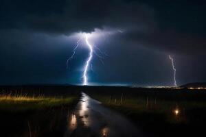 AI generated lightning strikes over a road in the dark photo