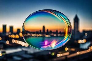 AI generated a soap bubble with a city in the background photo