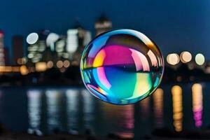 AI generated a colorful soap bubble floating in front of a city skyline photo