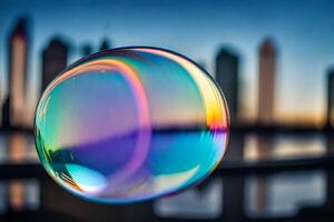 AI generated a soap bubble with a city skyline in the background photo