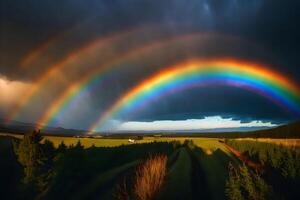 ai generado un arco iris aparece terminado un campo con arboles y un oscuro cielo foto