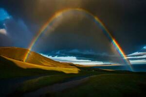 ai generado un arco iris terminado el Oceano y un la carretera foto