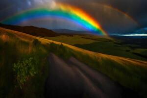 ai generado un arco iris es visto terminado un campo con césped y colinas foto