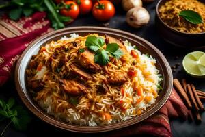 AI generated indian chicken biryani with rice and vegetables photo
