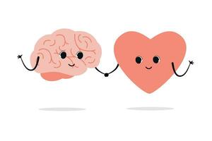 Cartoon brain and heart characters holding hands. Mind and feeling harmony concept. Vector flat illustration.