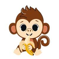 Cute monkey sits and eats a banana. Baby vector illustration in trendy flat style.