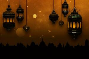 Eid mubarak and ramadan kareem greetings with islamic lantern and mosque. Eid al fitr background. Eid al fitr background of window concept by AI Generated photo