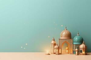 Eid mubarak and ramadan kareem greetings with islamic lantern and mosque. Eid al fitr background. Eid al fitr background of window concept by AI Generated photo