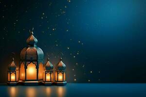 Eid mubarak and ramadan kareem greetings with islamic lantern and mosque. Eid al fitr background. Eid al fitr background of window concept by AI Generated photo