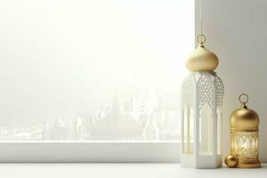 Eid mubarak and ramadan kareem greetings with islamic lantern and mosque. Eid al fitr background. Eid al fitr background of window concept by AI Generated photo