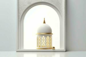 Eid mubarak and ramadan kareem greetings with islamic lantern and mosque. Eid al fitr background. Eid al fitr background of window concept by AI Generated photo