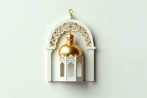 Eid mubarak and ramadan kareem greetings with islamic lantern and mosque. Eid al fitr background. Eid al fitr background of window concept by AI Generated photo