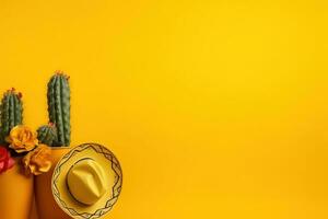 AI generated mexican cactus and hat on yellow background photo