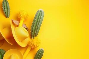 ai generado amarillo sombreros y cactus en un amarillo antecedentes foto