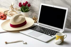 AI generated laptop, hat, coffee cup, flowers and a notebook on a white table photo