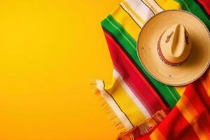 AI generated mexican hat and colorful blanket on yellow background photo