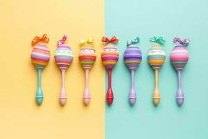 AI generated colorful wooden spoons on a blue and yellow background photo
