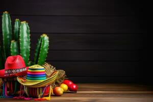 AI generated mexican traditional mexican hats and cactus on wooden background photo