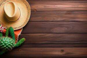 AI generated mexican hat, cactus and straw on wooden background photo