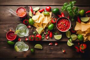 ai generado mexicano comida con papas fritas, salsa y Lima en de madera mesa foto