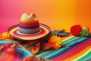 AI generated mexican sombrero and colorful flowers on a colorful background photo