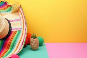 AI generated colorful mexican hat and colorful pom pom on colorful background photo