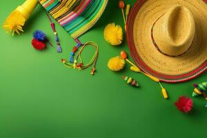 ai generado mexicano sombreros, sombreros y otro artículos en un verde antecedentes foto