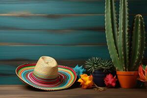 AI generated mexican cactus and colorful mexican hat on wooden background photo