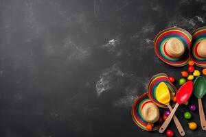 AI generated colorful mexican hats and spoons on a black background photo