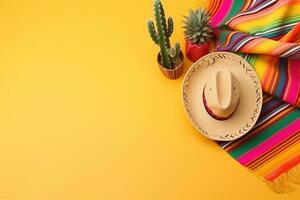 AI generated mexican holiday concept with mexican hat, cactus and colorful blanket on yellow background photo